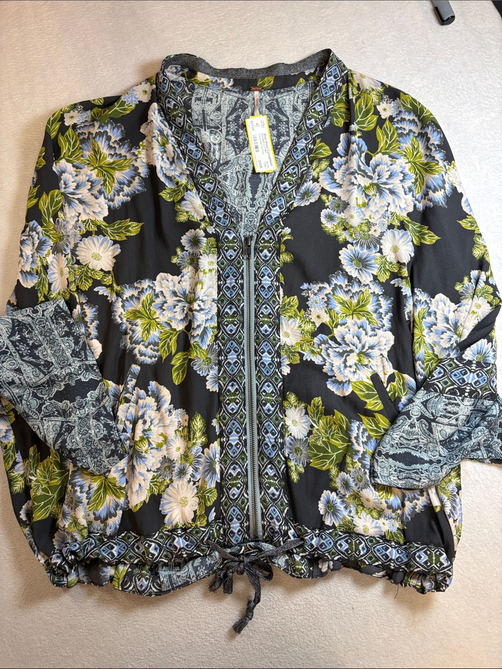 Free People Floral Zip-Front Blouse - Black, Blue & Green